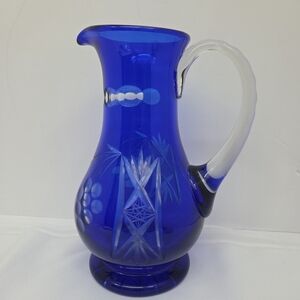 VTG Bohemian Czech Cobal Blue Cut To Clear Crystal Pitcher